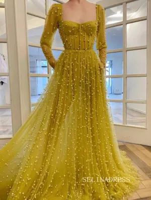 Chic Yellow Full Beaded Long Prom Dresses Elegant Long Sleeve Formal Evening Gowns SEW0190