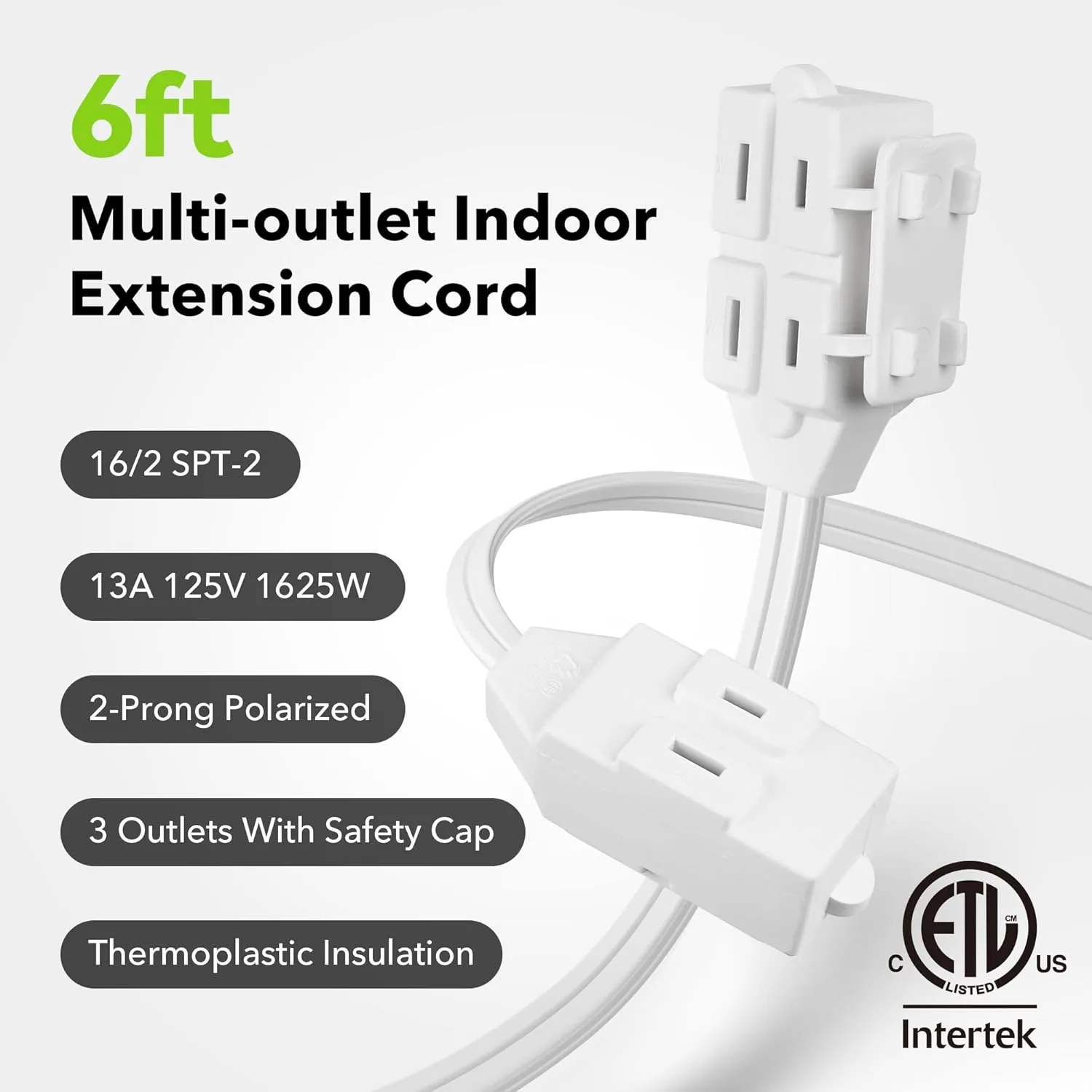 12 ft 3 Outlet Indoor Extension Cord 16/2 SPT-2, 2 Pack White, 2 Prong Polarized Plug Bn-link