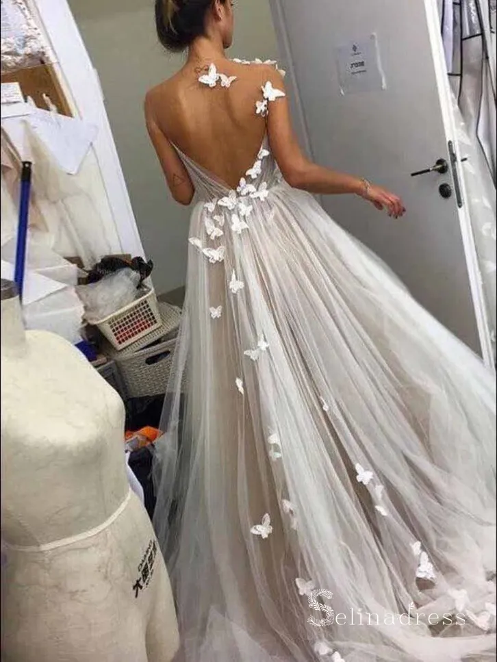 A-line Scoop Neck See Through Open Back Wedding Dresses With Butterfly Rustic Bridal Gowns CBD517