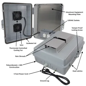 Altelix 14x11x5 Vented Polycarbonate   ABS Weatherproof NEMA Enclosure with Cooling Fan, 120 VAC Outlets & Power Cord