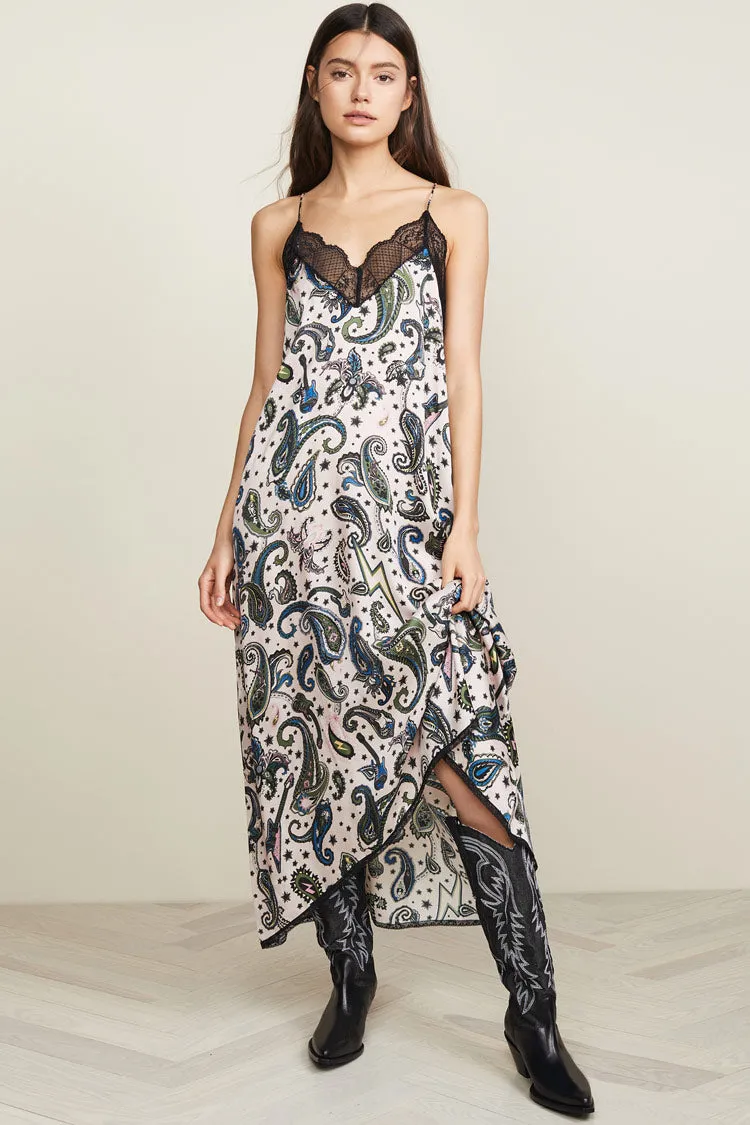 Asymmetric Paisley Lacy Spaghetti Strap French Slip Dress - Black