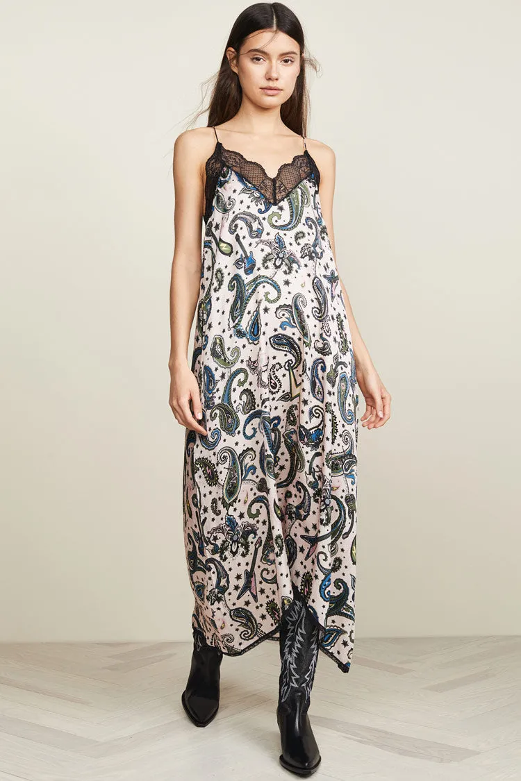 Asymmetric Paisley Lacy Spaghetti Strap French Slip Dress - Black