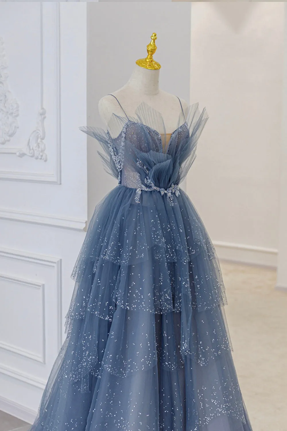 Blue Tulle Layers Straps Beaded Long Prom Dresses A-Line Evening Dresses