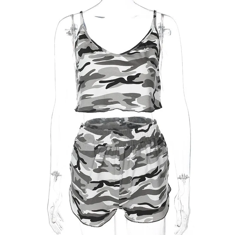 Camouflage Print Workout Set Sleeveless Crop Top   Shorts