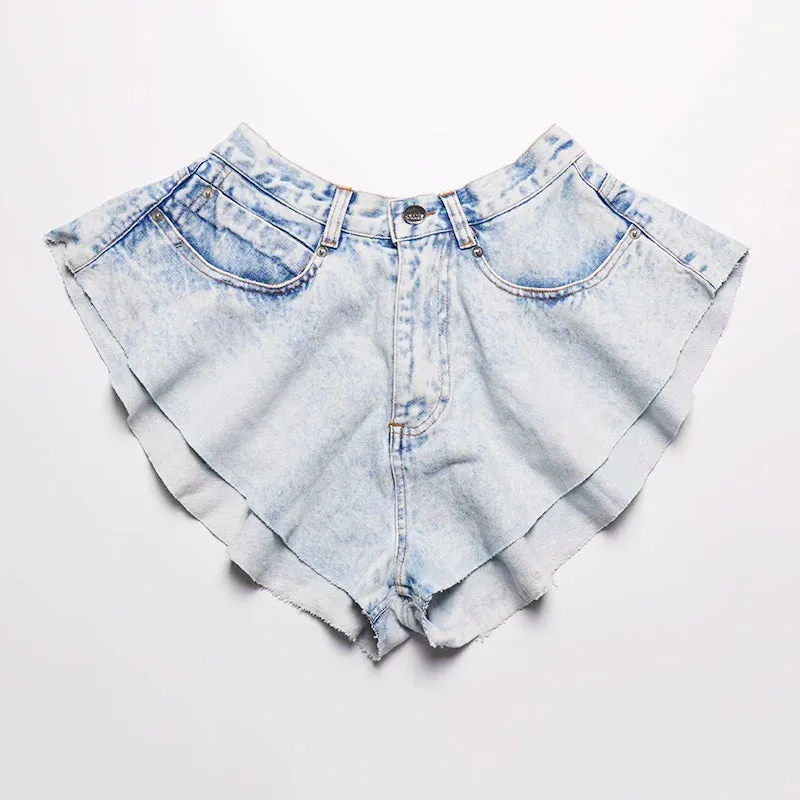 Casual Denim Shorts Skirts High Waist Ruffle Hem Loose Ruched Short Pants Female Fashion Clothing 2021 Spring