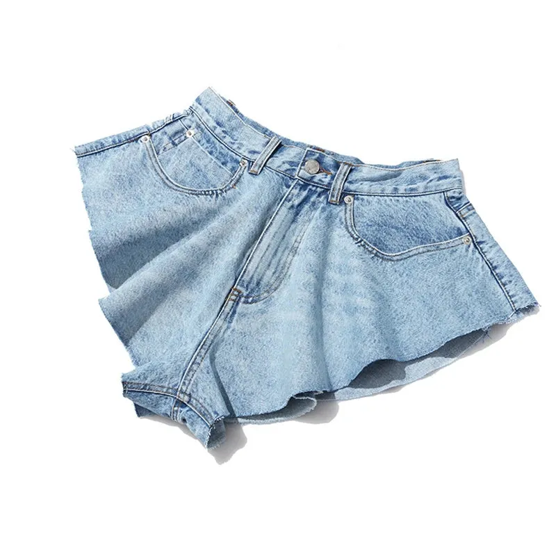 Casual Denim Shorts Skirts High Waist Ruffle Hem Loose Ruched Short Pants Female Fashion Clothing 2021 Spring