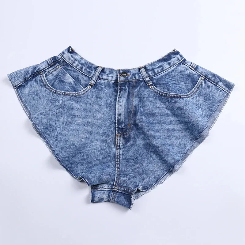 Casual Denim Shorts Skirts High Waist Ruffle Hem Loose Ruched Short Pants Female Fashion Clothing 2021 Spring