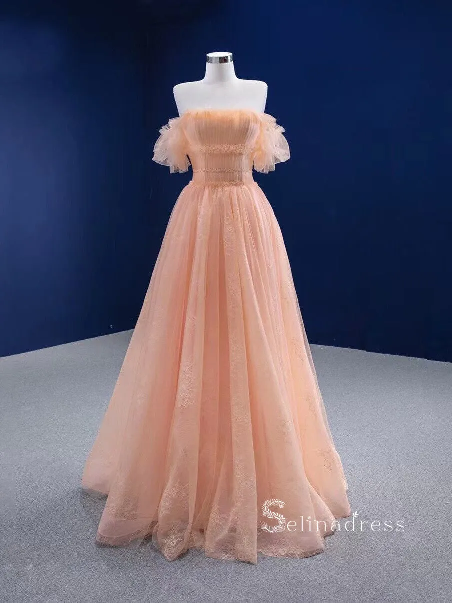 Chic Ball Gown luxury Princess Long Prom Dress Strapless Peach Long Evening Gowns MLSD004