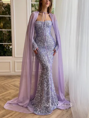 Chic Mermaid Sweetheart Lilac Long Prom Dresses Gorgeous Sparkly Sequins Evening Dresses jkw231