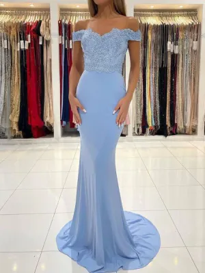 Chic Trumpet/Mermaid Off The Shoulder Light Sky Blue Lace Prom Dress Satin Evening Dress JKW219