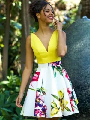 Cute Floral Print Homecoming Dresses V neck Chic Short Prom Dress Party Dress JK706