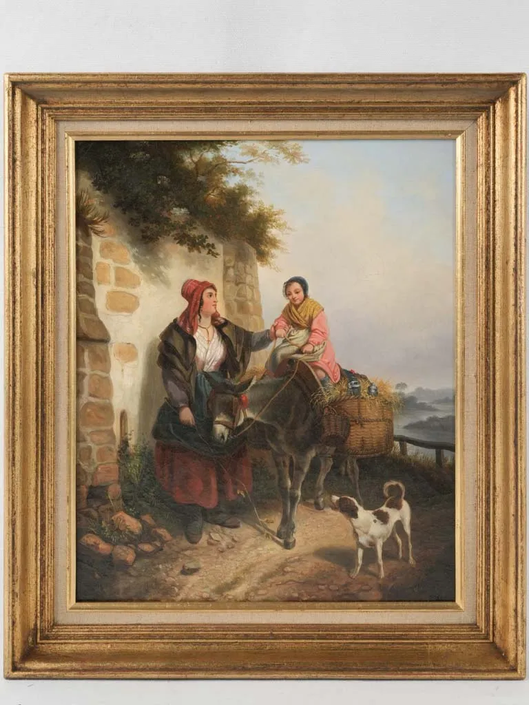 Early 19th-century rural painting - lady w/ child, donkey & dog 22½ x 19¼""