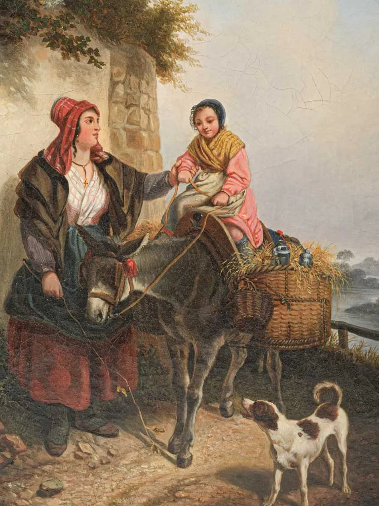 Early 19th-century rural painting - lady w/ child, donkey & dog 22½ x 19¼""