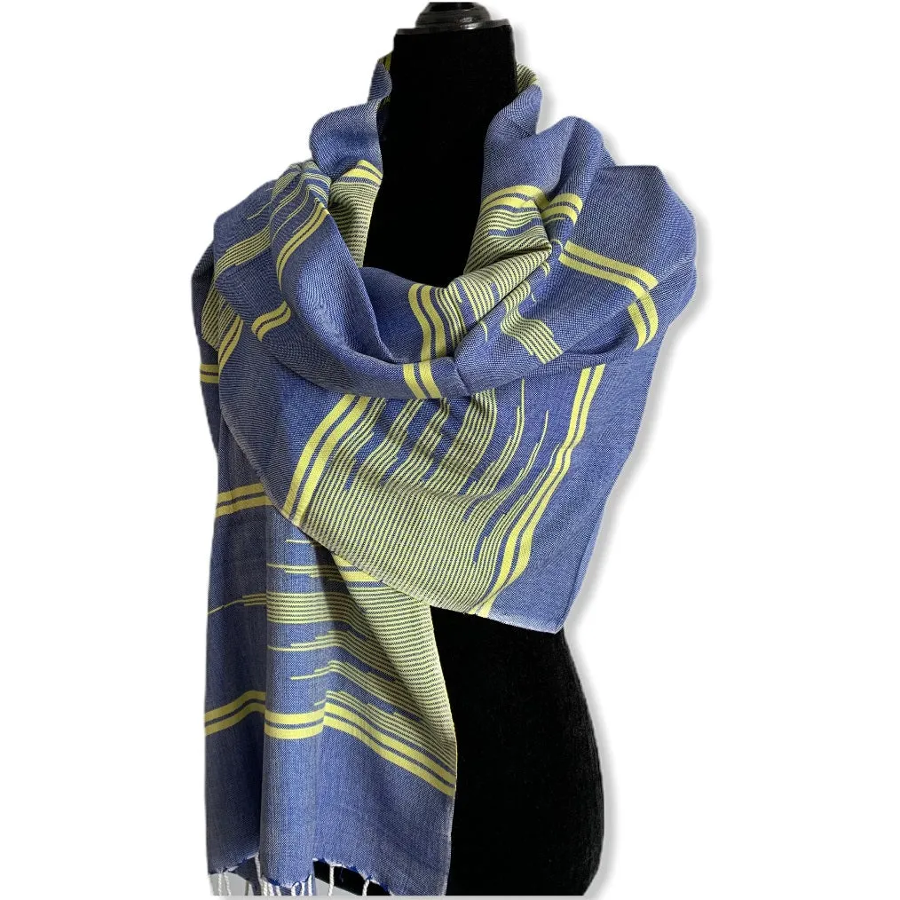 Geometric Handwoven Scarf - Blue & Yellow