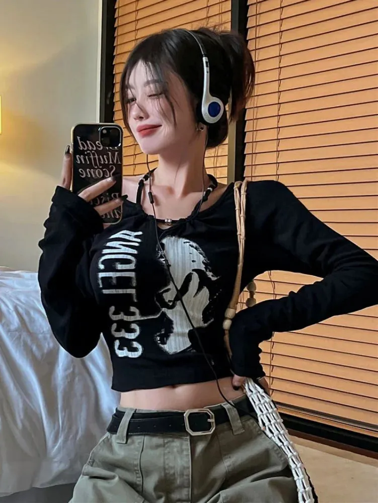 Harajuku Grunge Skinny Black Tshirts Women American Retro Letter Print Tees Female Streetwear Vintage Cropped Tops