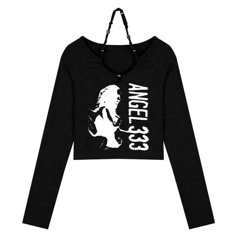 Harajuku Grunge Skinny Black Tshirts Women American Retro Letter Print Tees Female Streetwear Vintage Cropped Tops