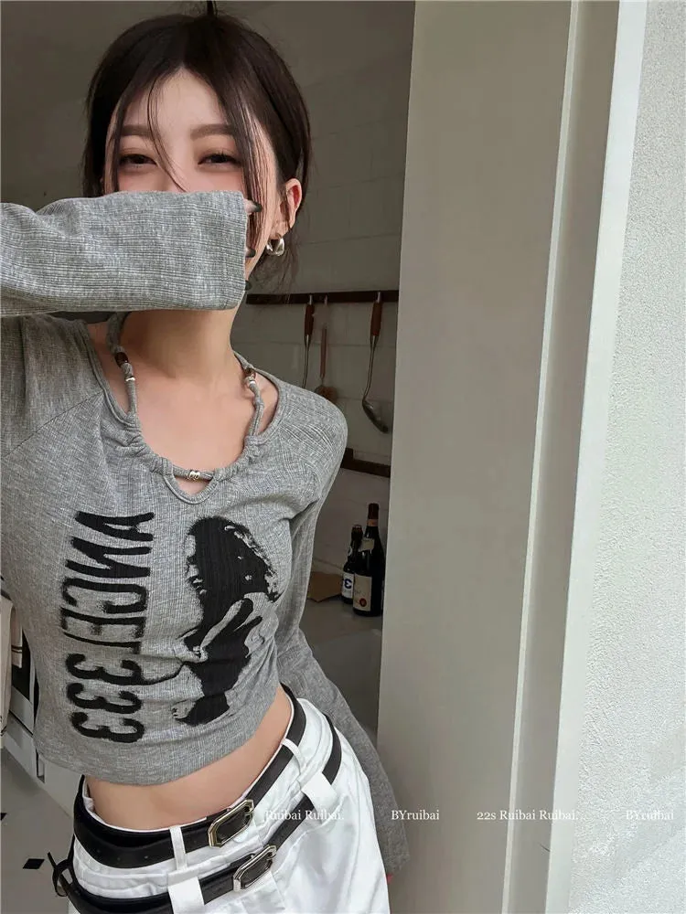 Harajuku Grunge Skinny Black Tshirts Women American Retro Letter Print Tees Female Streetwear Vintage Cropped Tops