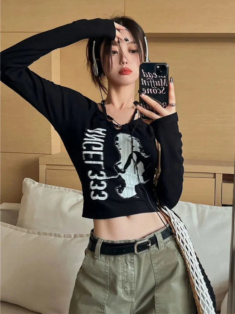 Harajuku Grunge Skinny Black Tshirts Women American Retro Letter Print Tees Female Streetwear Vintage Cropped Tops