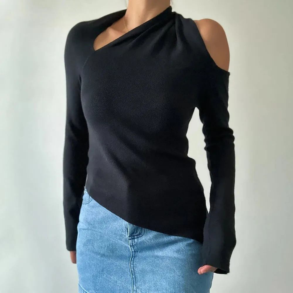 Irregular Solid Hollow Out Slimming Sweaters For Women Diagonal Collar Long Sleeve Minimalist Pullover Sweater Female