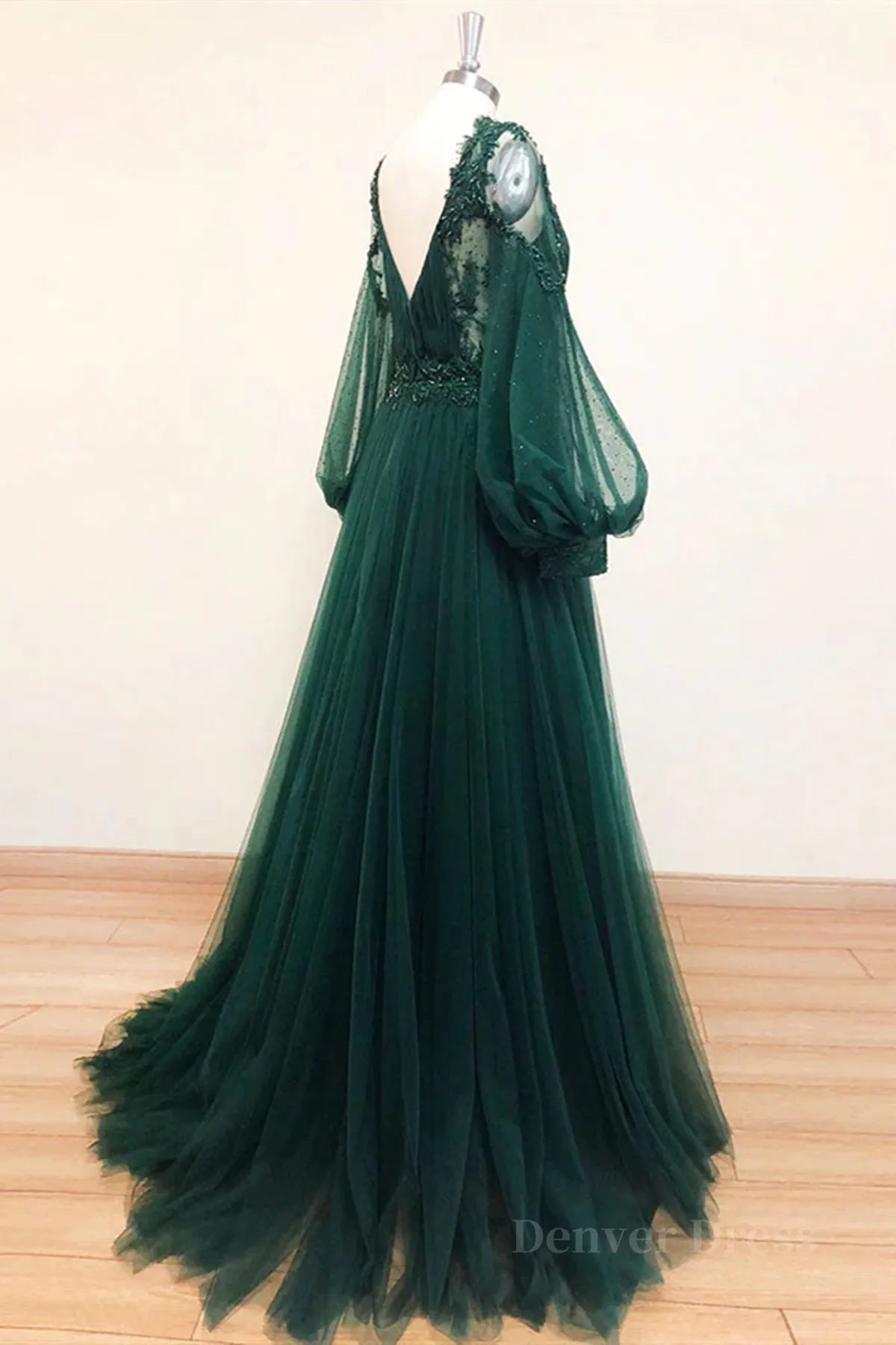 kamahe V Neck Long Sleeves Green Lace Prom Dresses, V Neck Green Lace Formal Evening Dresses