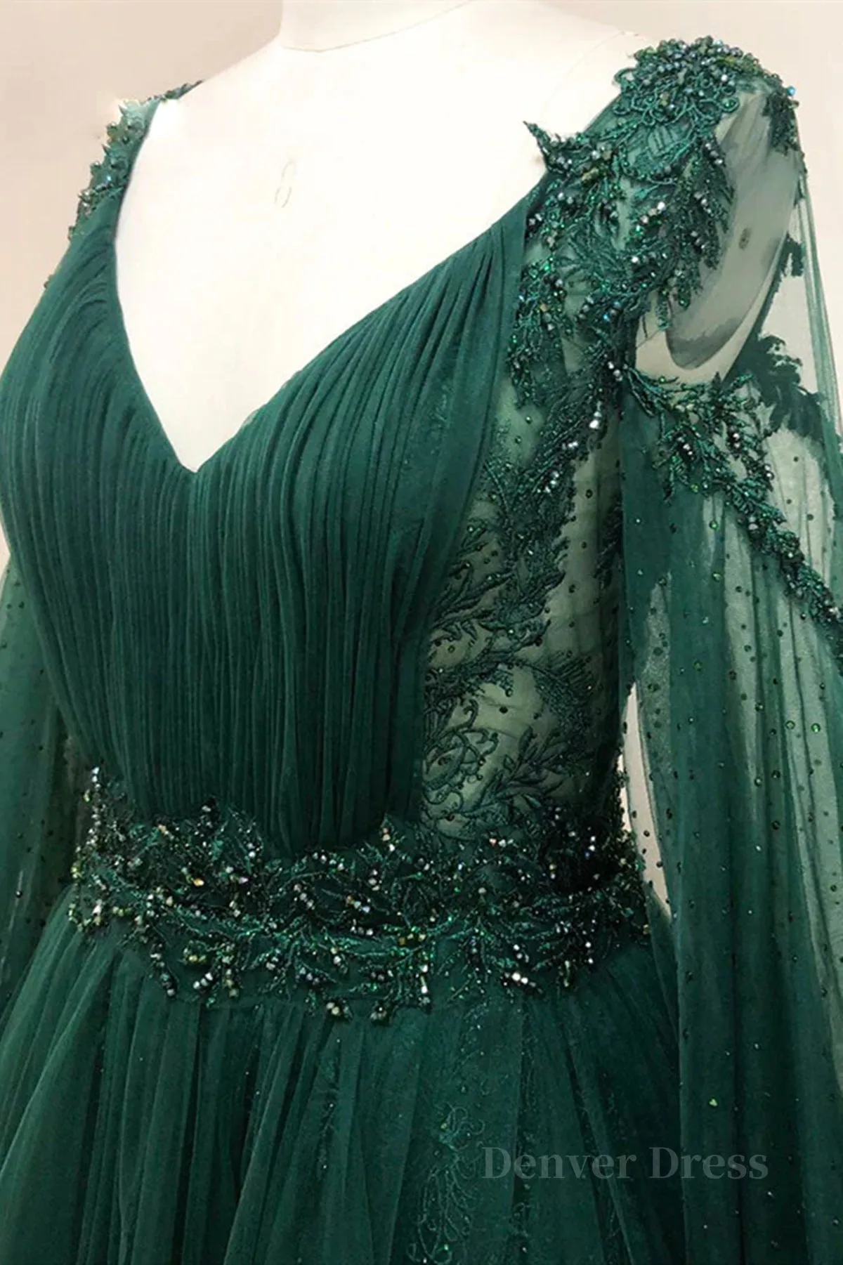 kamahe V Neck Long Sleeves Green Lace Prom Dresses, V Neck Green Lace Formal Evening Dresses