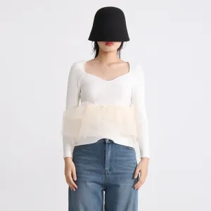 Minimalist T Shirts For Women V Neck Long Sleeve Patchwork Mesh Summer T Shirt Female Fashion Style Clothing