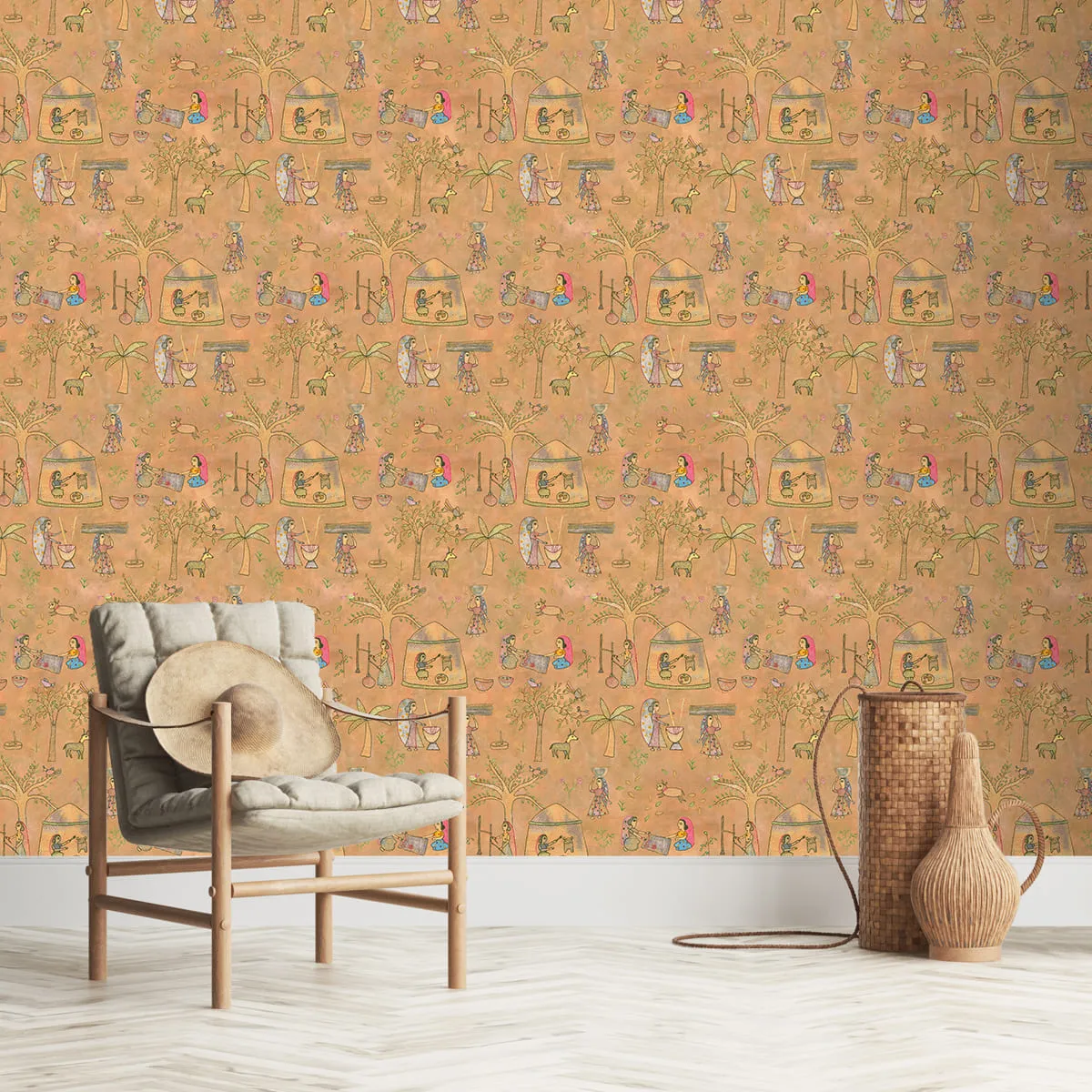 Mithila Indian Sujani Art Yellow Wallpaper for Wall