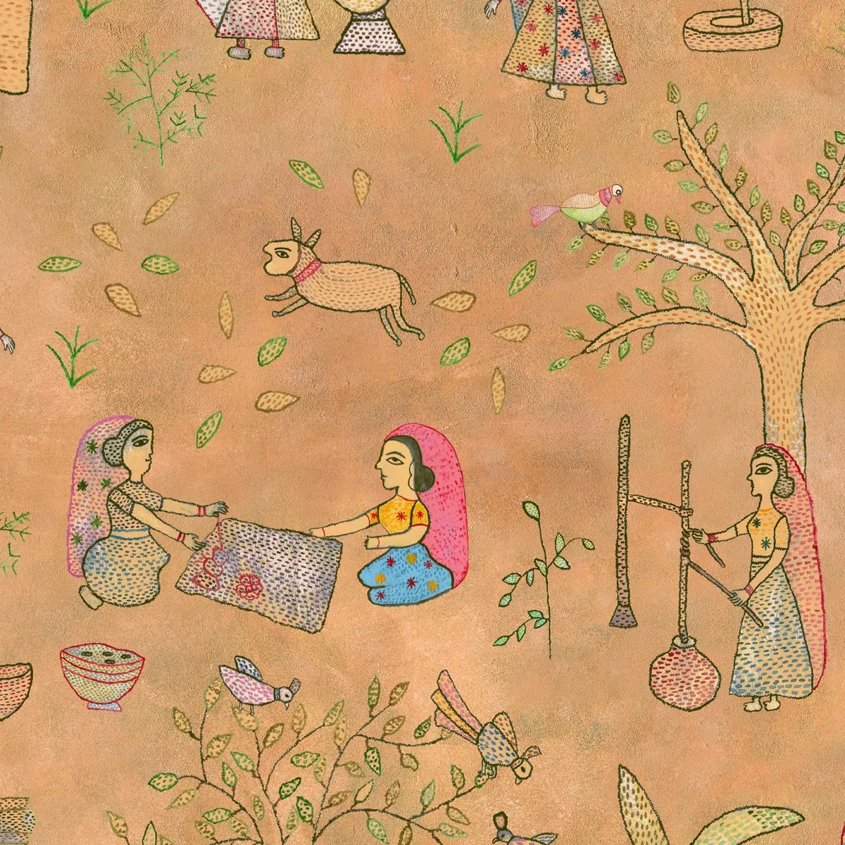 Mithila Indian Sujani Art Yellow Wallpaper for Wall