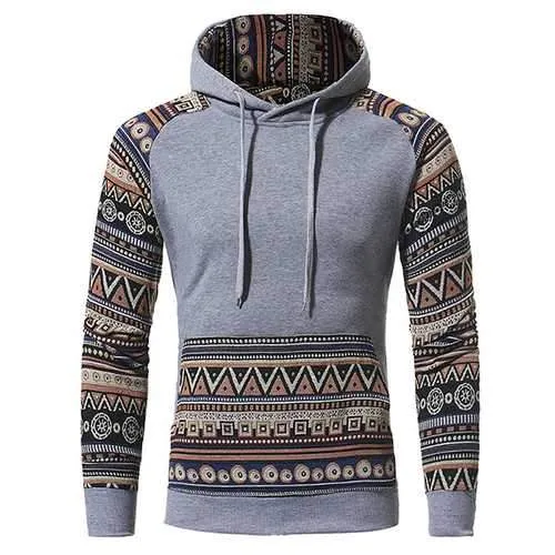 National Style Vintage Hoodies Fashion Men's Front Big Pocket Stitching Leisure Hoodies