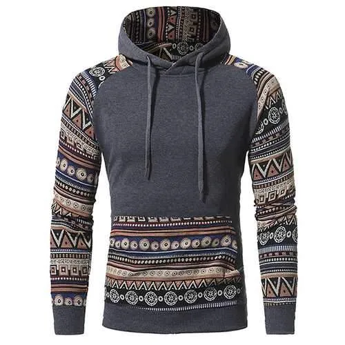 National Style Vintage Hoodies Fashion Men's Front Big Pocket Stitching Leisure Hoodies