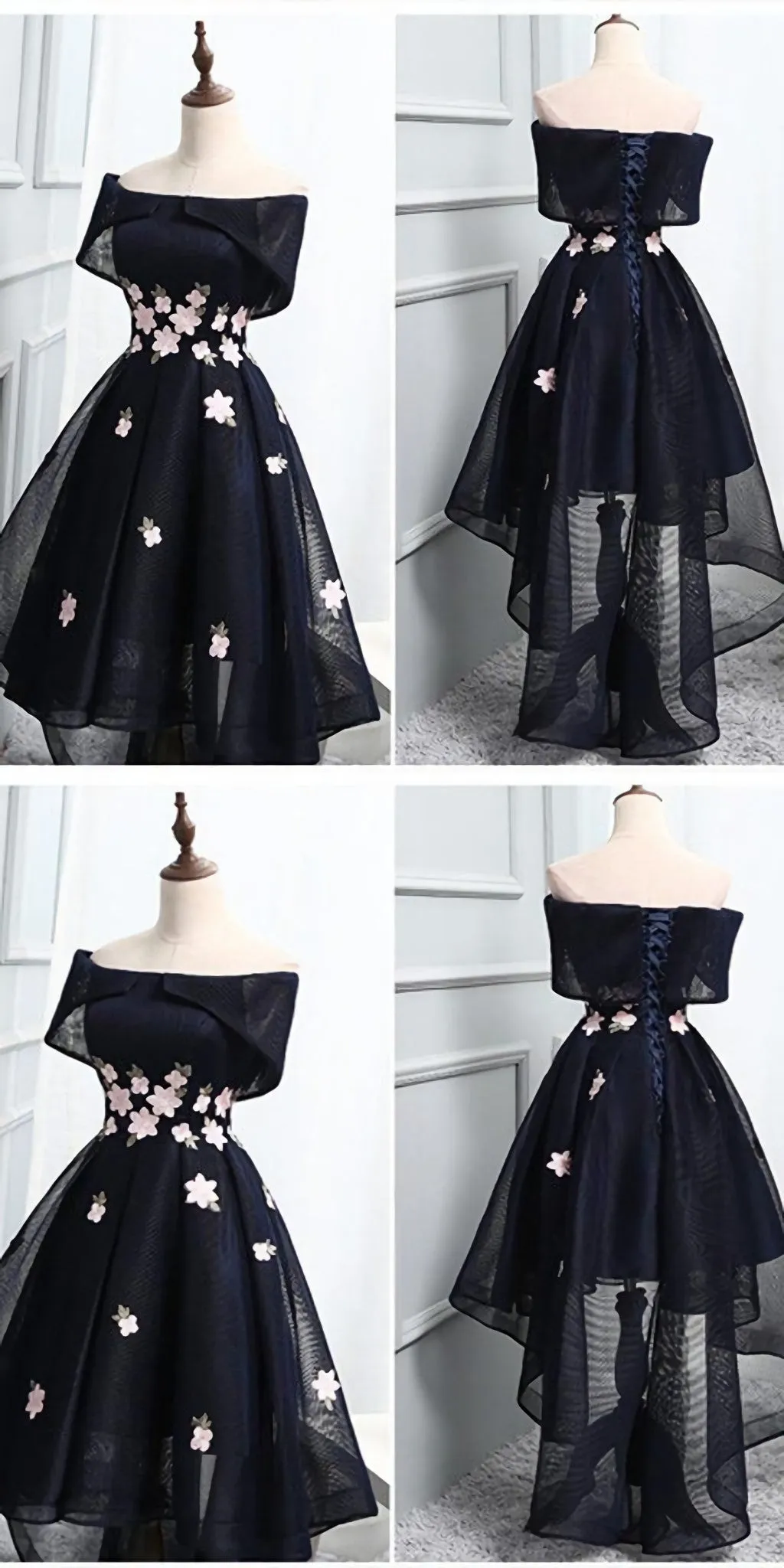 Off The Shoulder Black Organza Homecoming Dresses With Handmade Flower Short Homecoming Dresses