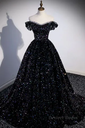 Off the Shoulder Black Sequin Prom Dresses Black Long Formal Evening Dresses