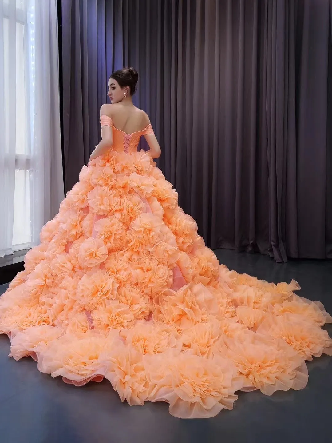 Orange Ruffles Tiered Sweet 16 Ball Gowns Off the Shoulder Pageant Dresses Quinceanera Dress 231109