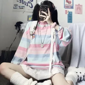 Rainbow Pullovers Women Striped Long Sleeve Top Autumn Spring Harajuku School Kawaii Korean Style Oversized Top