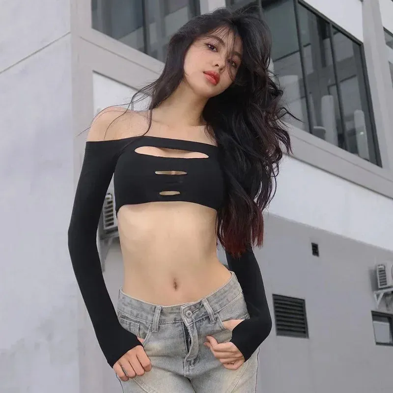 Sexy Off Shoulder Cut Out Crop Tops 2000s Clothes Y2k Long Sleeves Tees Black Fall Clothing Cool Girl T Shirt P71-BC12