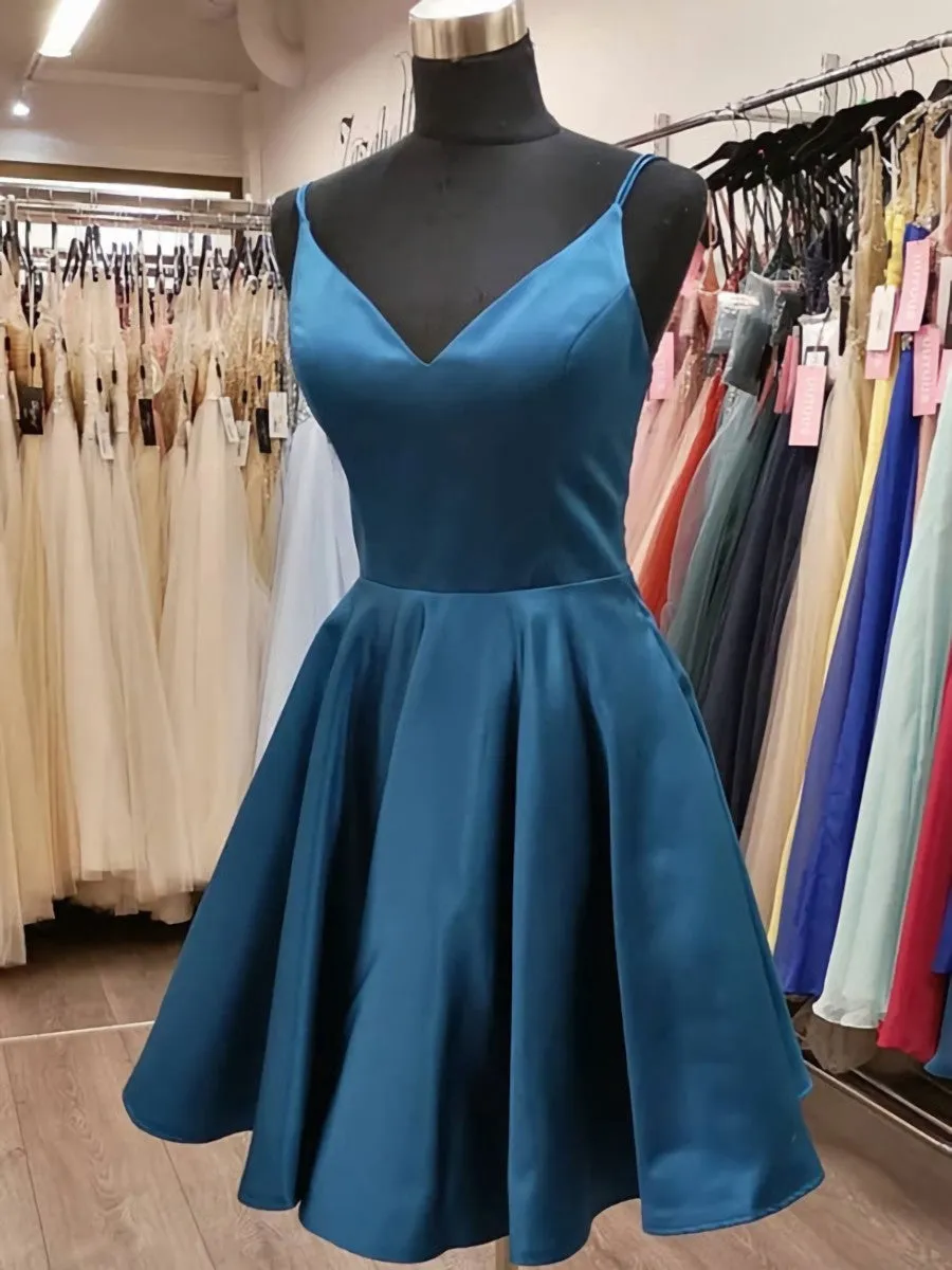 Short V Neck Blue Prom Dresses, Blue V Neck Short Graduation Homecoming Dresses