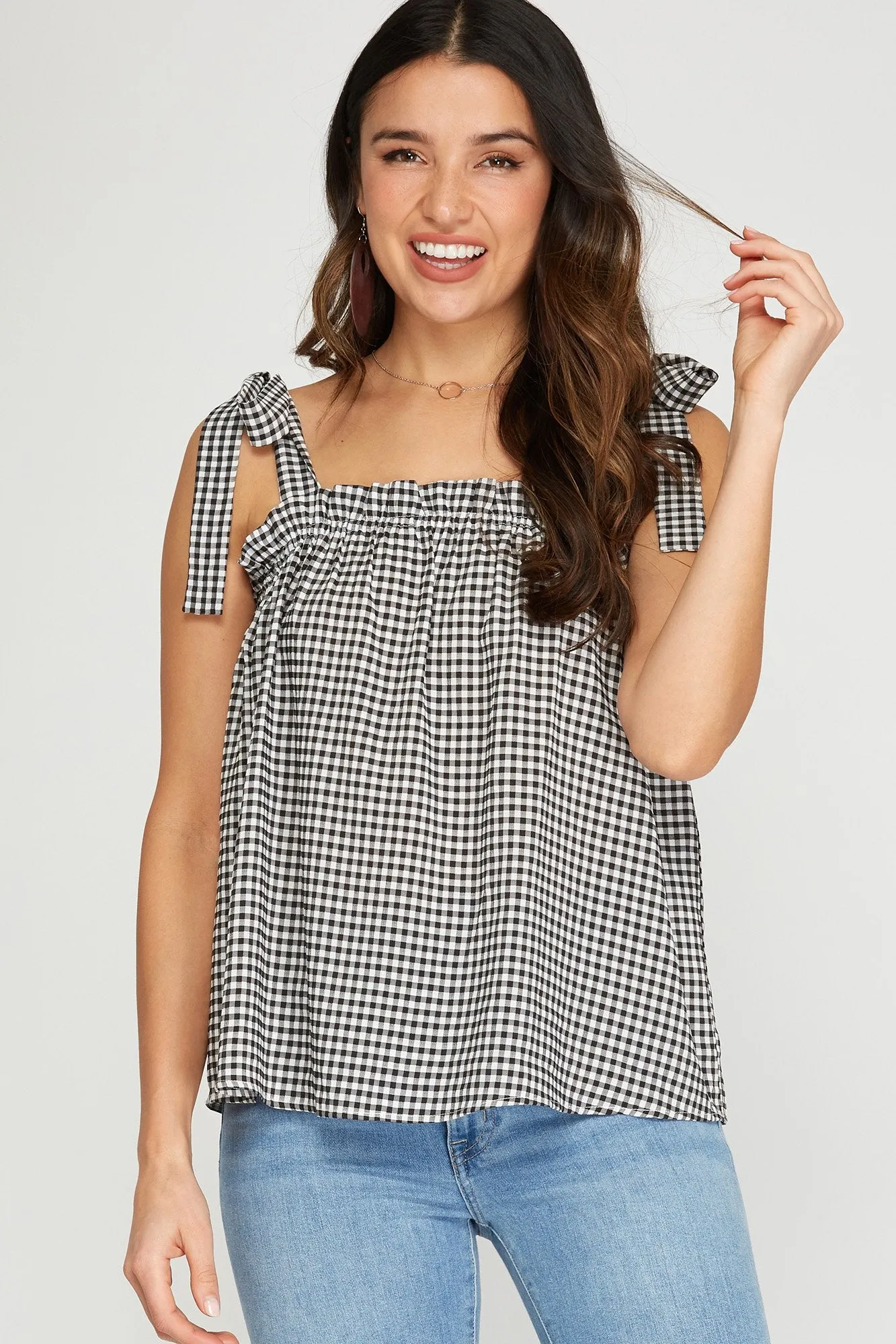 Sleeveless woven gingham top with shoulder ties