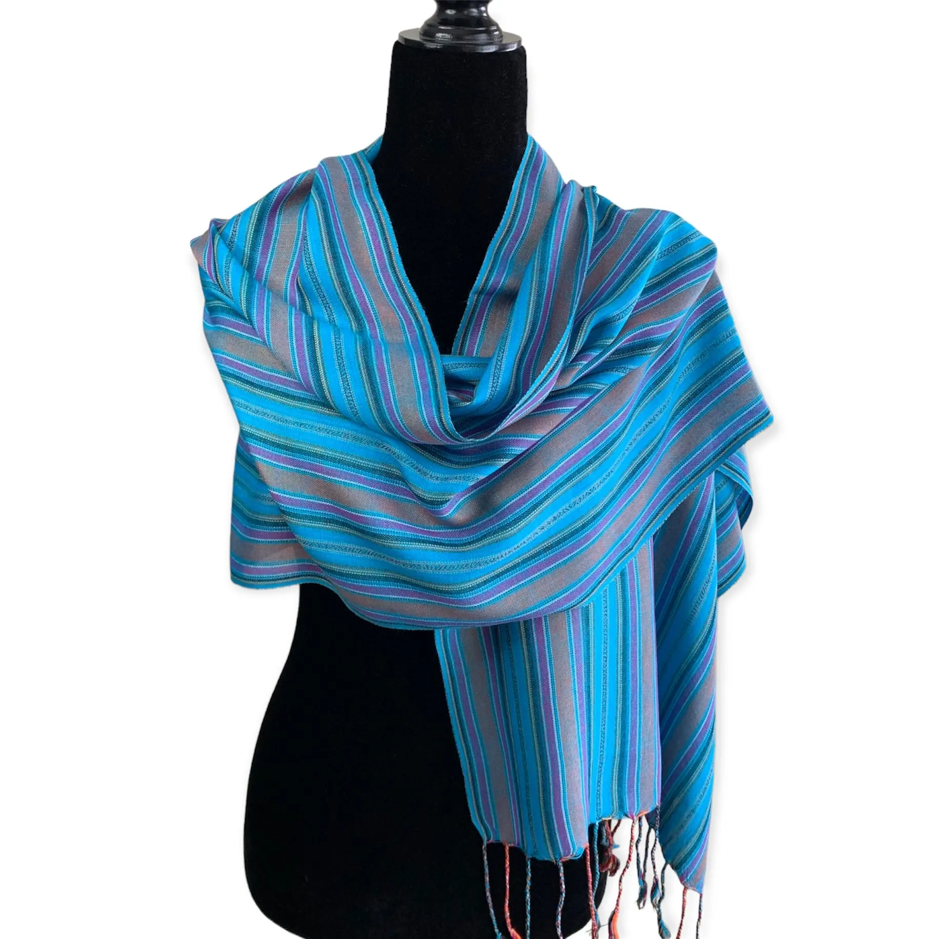 Small Mixed Striped Handwoven Bamboo Viscose Scarf - Turquoise