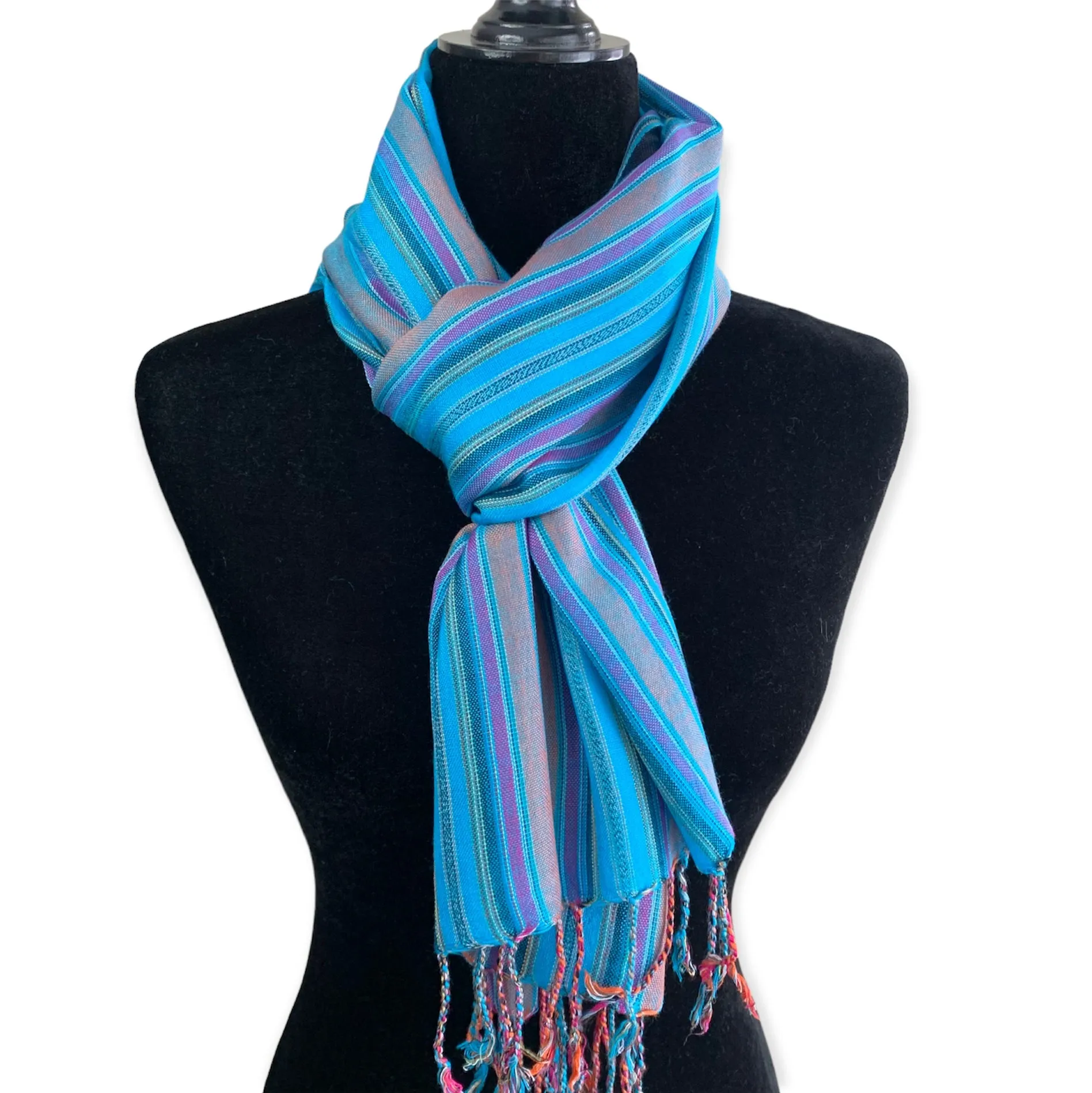 Small Mixed Striped Handwoven Bamboo Viscose Scarf - Turquoise