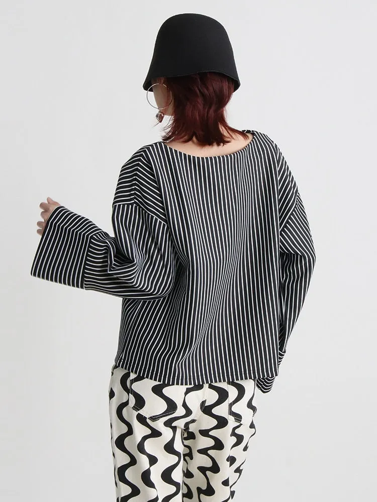 Straight Striped T Shirt Female Round Neck Flare Sleeve Colorblock Loose T Shirts Female Autumn Clothes Fashion