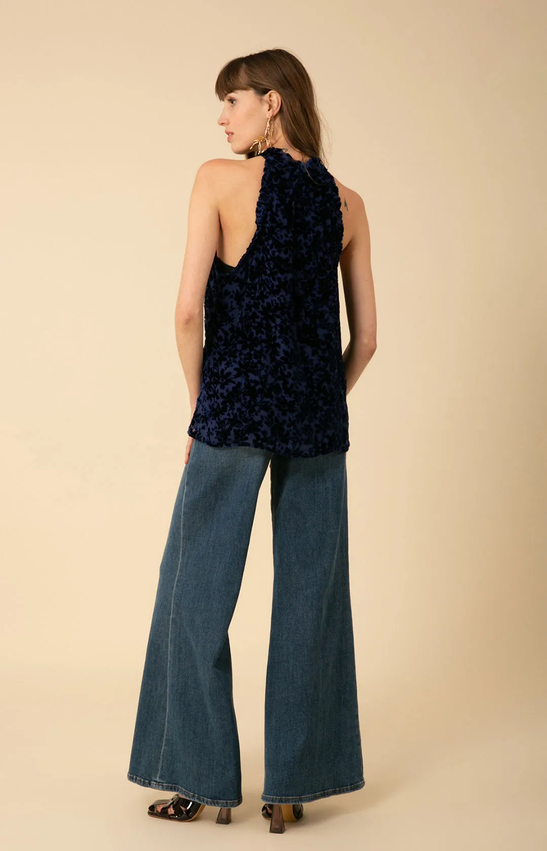 Thais Solid Halter Velvet Burnout Top