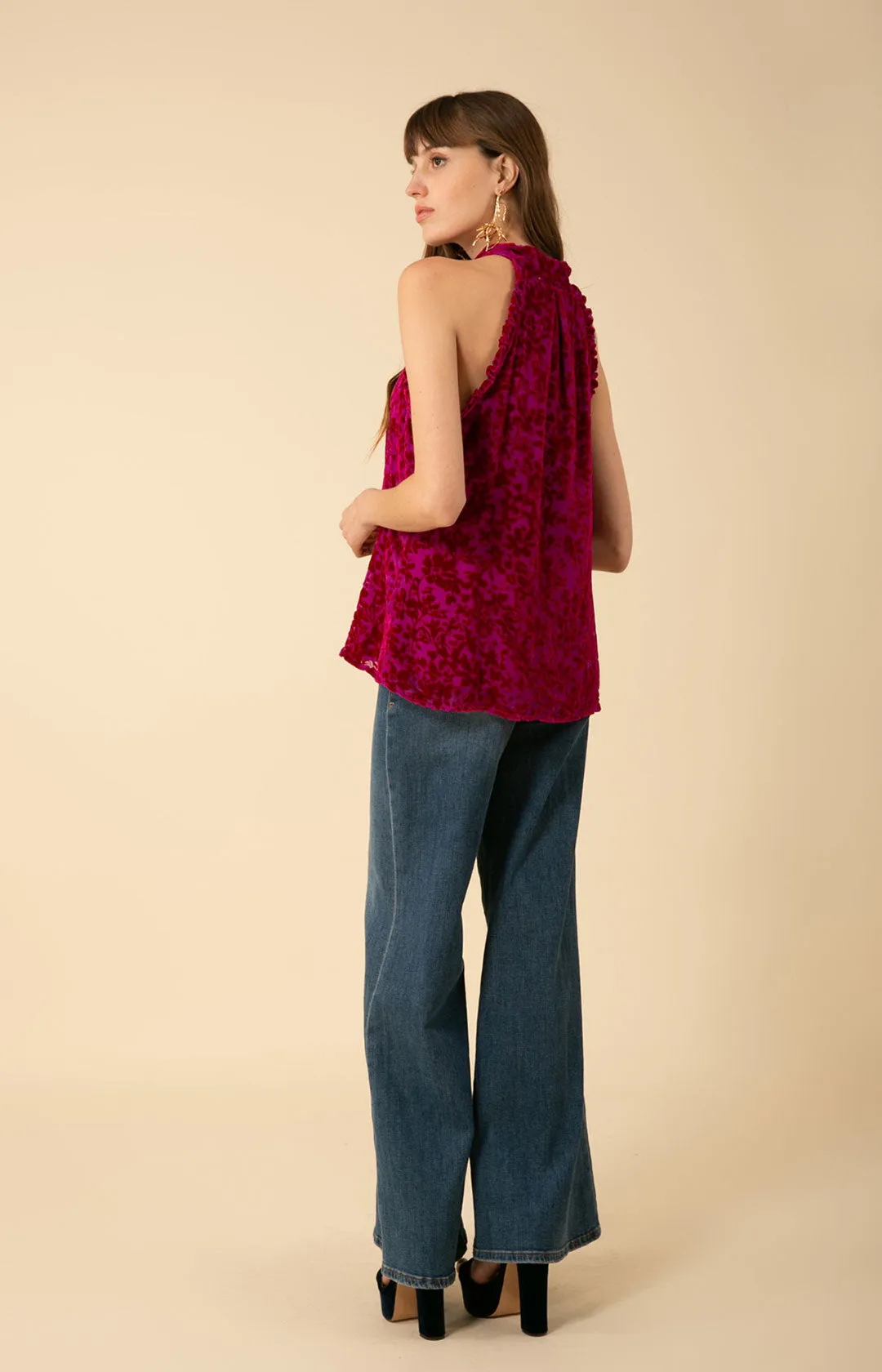 Thais Solid Halter Velvet Burnout Top