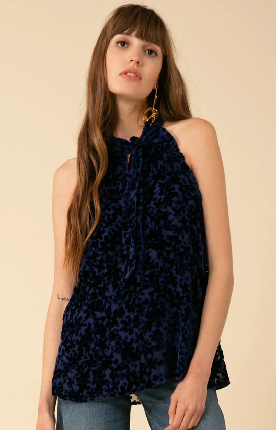 Thais Solid Halter Velvet Burnout Top