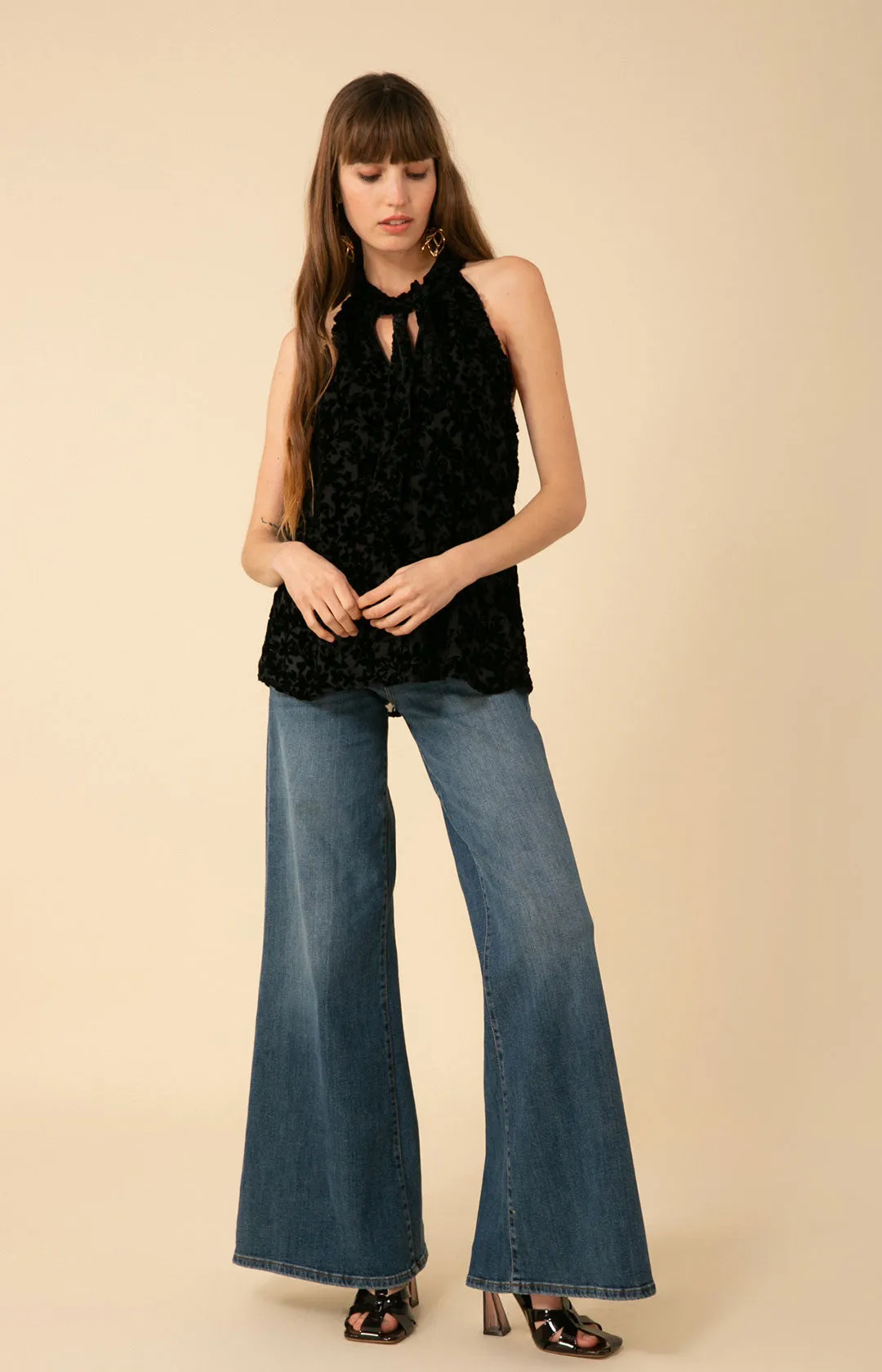 Thais Solid Halter Velvet Burnout Top