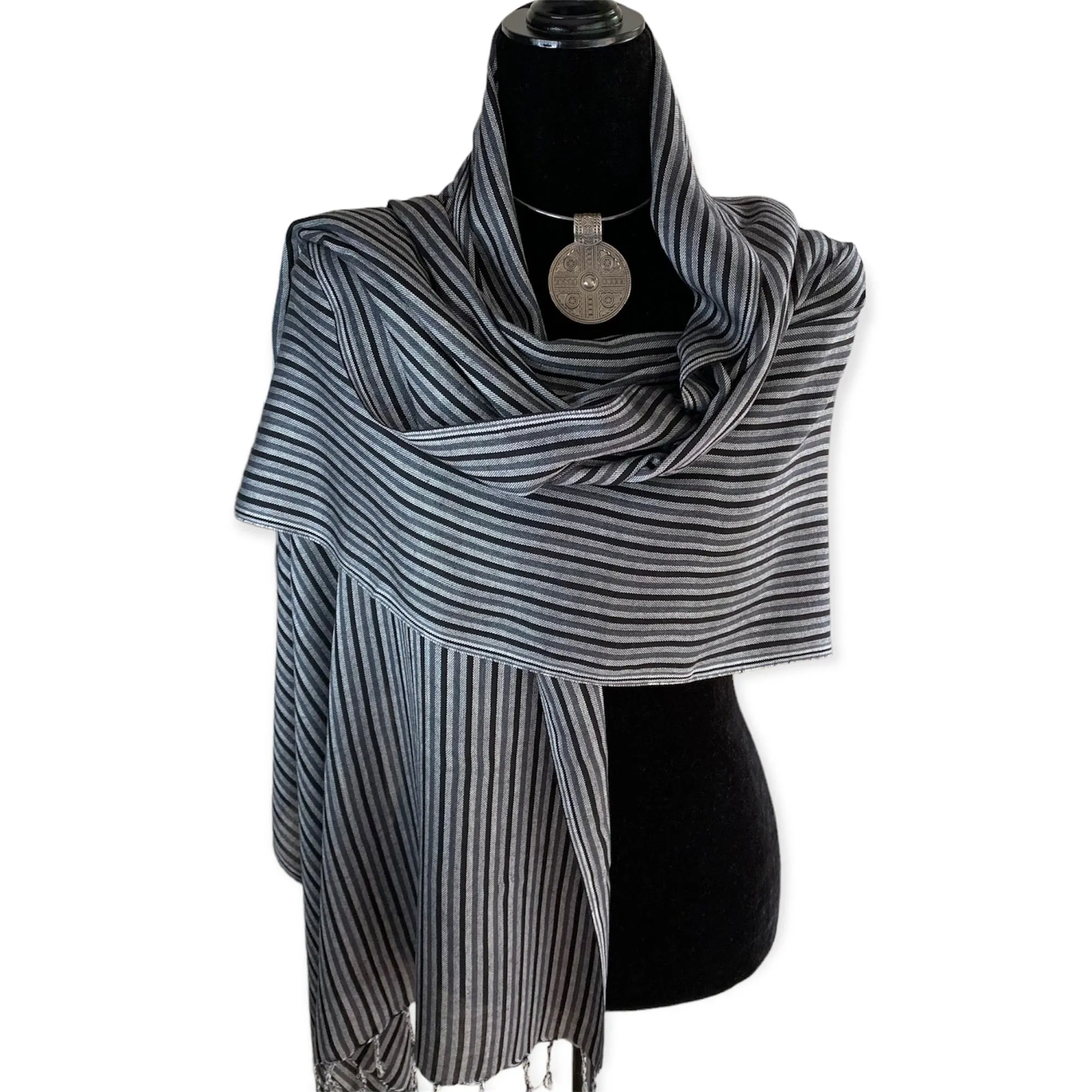 Thin Striped Handwoven Bamboo Viscose Scarf - Black & Silver