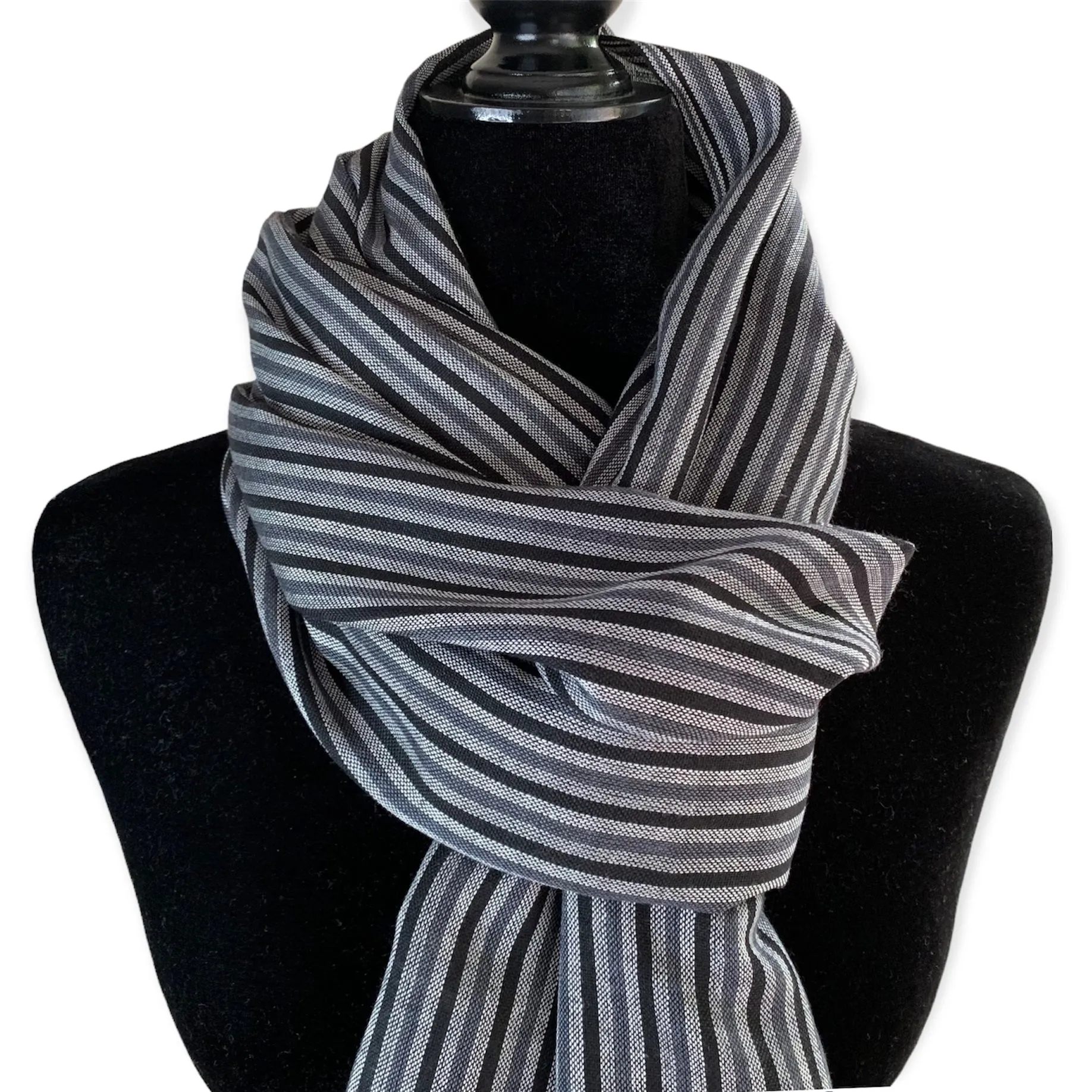 Thin Striped Handwoven Bamboo Viscose Scarf - Black & Silver