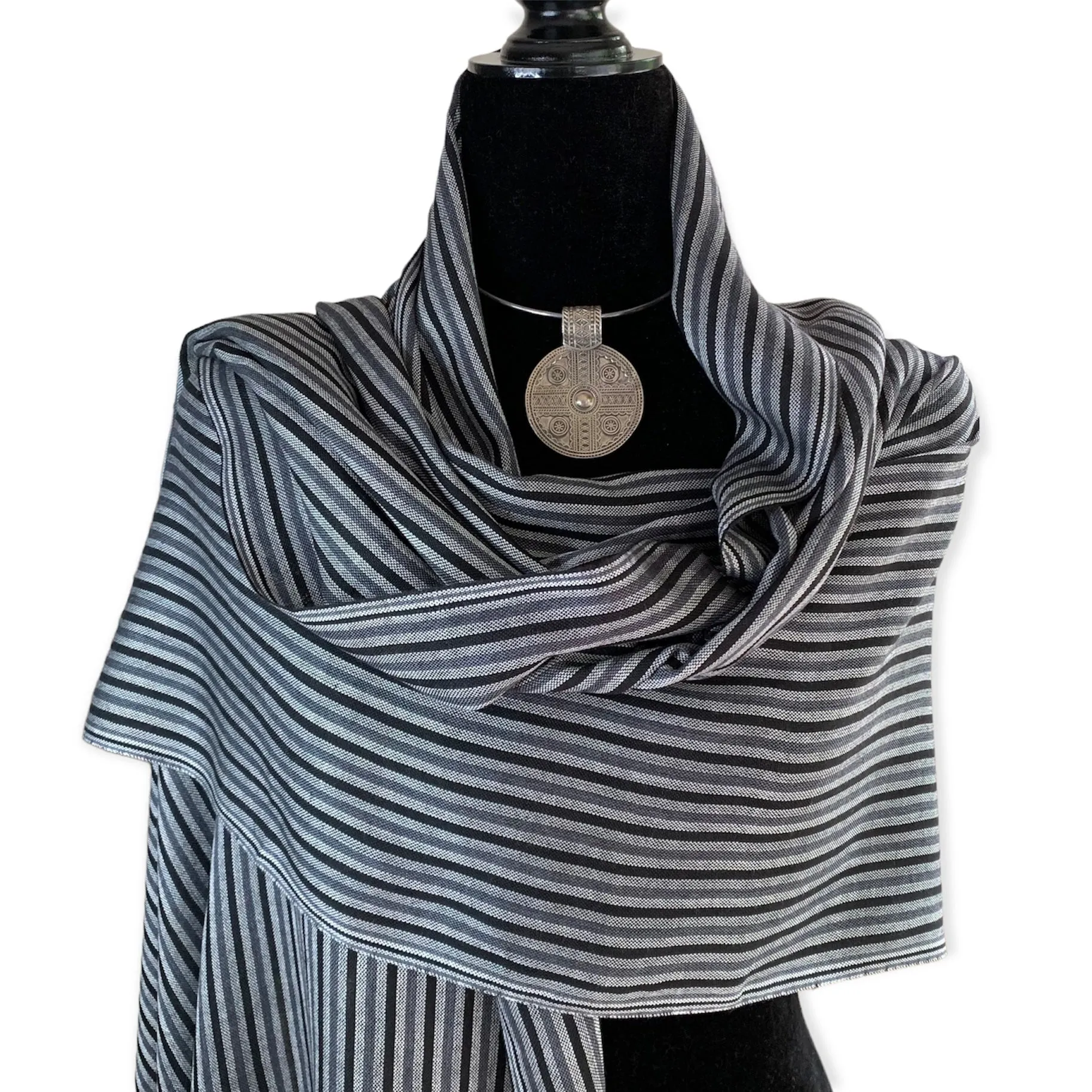 Thin Striped Handwoven Bamboo Viscose Scarf - Black & Silver