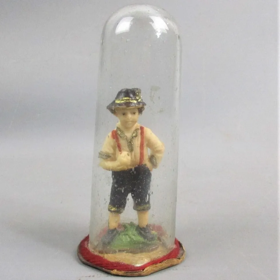 Usual Wax Boy Figure In Glass Dome Ornamenet Antique Art Deco c1930