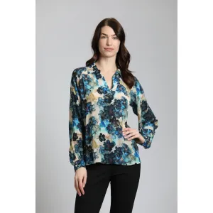 Watercolor Flowers Printed Half-Plaket Pullover Blouse