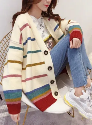 Women Loose Sweater Long Stripe Knit Cardigan